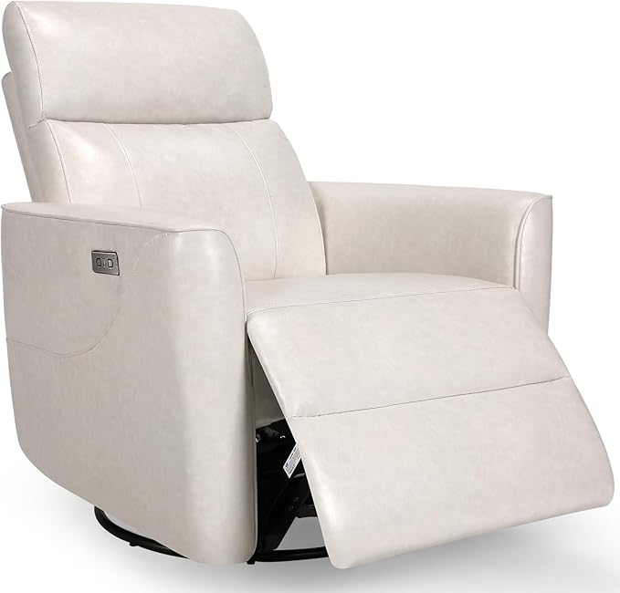 Homdox Power Recliner Chair Swivel Glider with Massage and Heat, Oversized Swivel Rocker Chair, Living Room Nursery Reclining Chair with USB, Faux Leather, for Small Spaces, Ivory
