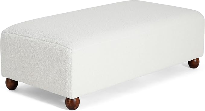 Christopher Knight Home Rika 48" Comfy Boucle Upholstered Bedroom Bench, Ottoman Bench with Rounded Wooden Legs, Spacious Seating, Long Footstool for Living Room, Entryway Bench, White + Walnut