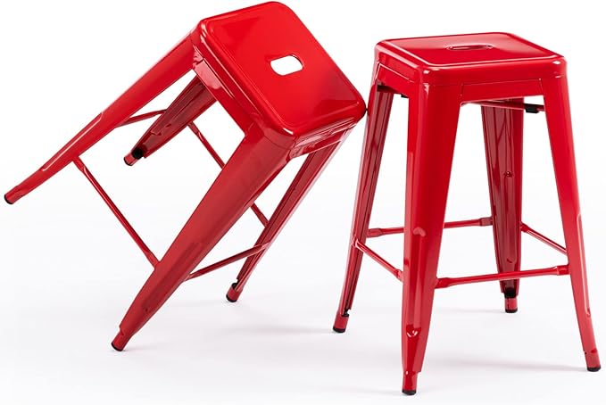 Vogue Furniture Direct 24 Inch Metal Bar Stools, Backless Counter Height Barstools, Indoor Outdoor Stackable Stools with Square Seat, Set of 2 (Red)