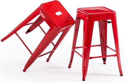 Vogue Furniture Direct 24 Inch Metal Bar Stools, Backless Counter Height Barstools, Indoor Outdoor Stackable Stools with Square Seat, Set of 2 (Red)