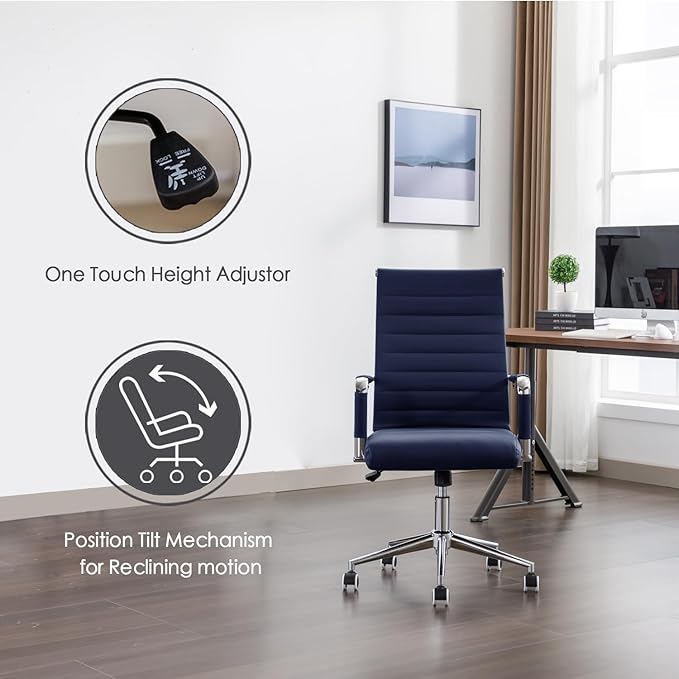 Office Desk Chair Leather, Conference Room Chairs with Wheels, Executive Modern High Back Ergonomic Swivel Rolling Ribbed Computer Chair