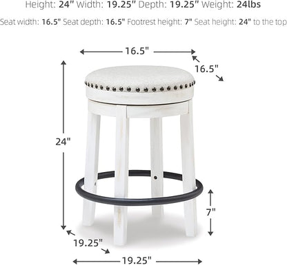 Signature Design by Ashley Valebeck Casual Upholstered Swivel Stool, Round Metal Footrest, Nailhead Trim Detail, Wood, 24", White & Black