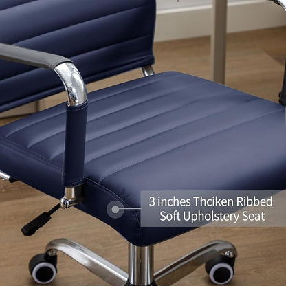 Office Desk Chair Leather, Conference Room Chairs with Wheels, Executive Modern High Back Ergonomic Swivel Rolling Ribbed Computer Chair