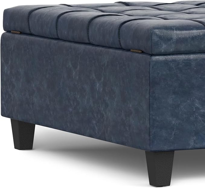 SIMPLIHOME Harrison 40 inch Wide Transitional Square Large Coffee Table Storage Ottoman in Denim Blue Vegan Faux Leather, Assembled, for The Living Room and Bedroom