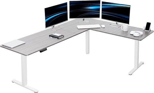 VIVO Corner Standing Desk, 84 x 63 inch Reversible L-Shaped Workstation, Electric Height Adjustment, Home, Office, and Reception Rooms, Dark Gray Table Top White Frame, DESK-E3CTWG-84