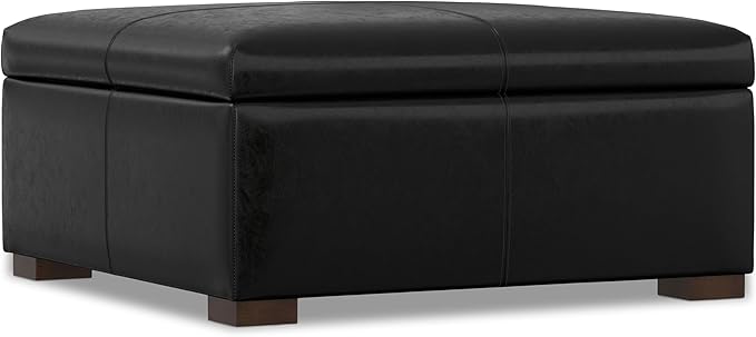 SIMPLIHOME Gabbie 36 inch Wide Contemporary Square Square Coffee Table Storage Ottoman in Midnight Black PU Black Faux Leather, Assembled, for The Living Room, Entryway and Family Room
