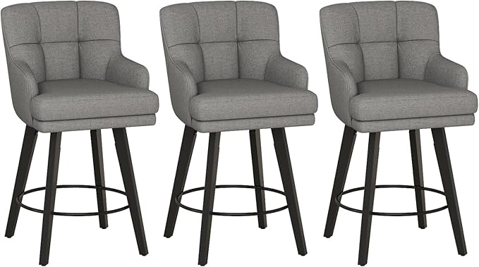 360°Swivel Counter Height Bar Stools with Back, 26 inch Solid Wood Legs, Bar Stool Modern Kitchen Island Chairs, Fabric (Mid-Grey- Fabric, 26" H- Set of 3)