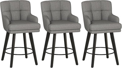 360°Swivel Counter Height Bar Stools with Back, 26 inch Solid Wood Legs, Bar Stool Modern Kitchen Island Chairs, Fabric (Mid-Grey- Fabric, 26" H- Set of 3)