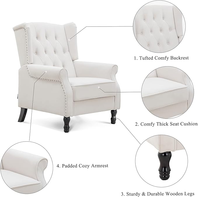 Artechworks Winged Velvet Modern Accent Chair Tufted Arm Club Chair Linen Single Sofa with Wooden Legs Comfy Upholstered for Reading Living Room Bedroom Office, Beige