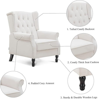 Artechworks Winged Velvet Modern Accent Chair Tufted Arm Club Chair Linen Single Sofa with Wooden Legs Comfy Upholstered for Reading Living Room Bedroom Office, Beige