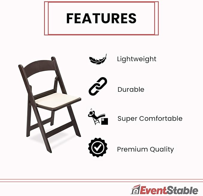 EventStable Titan PRO Resin Folding Chair - Dark Brown Indoor/Outdoor Lightweight Folding Chair - Vinyl Padded Foldable Chair for Weddings Parties Events - 4 Pack