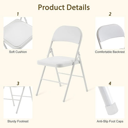 4 Pack White Folding Chairs with Padded Cushion and Back, Portable Heavy Duty Metal Frame Commercial Seat, Foldable Indoor Outdoor Chairs with 330-LBS Capacity for Office Party Events Kitchen Wedding