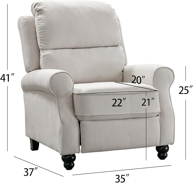 Push Back Recliner Chair, Fabric Armchair Overstuffed Pushback Recliner, Heavy Duty Single Sofa Chair with Padded Seat Solid Wood Legs for Living Room (White)