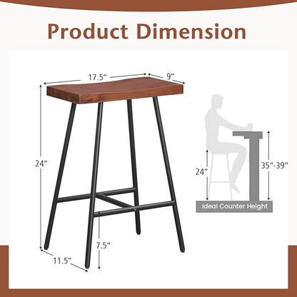 COSTWAY Industrial Bar Stools, 24-inch Backless Counter Height Saddle Stools with Footrest, Metal Legs, Adjustable Foot Pads, Barstools for Kitchen Island Cafe Restaurant, Walnut+Black (Set of 2)