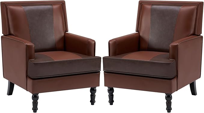 MOJAY Faux Leather Accent Chairs Set of 2, Mid-Century Modern Upholstered Lounge Armchair, Comfy Club Chair for Living Room, Bedroom, Study & Reception (Brown)