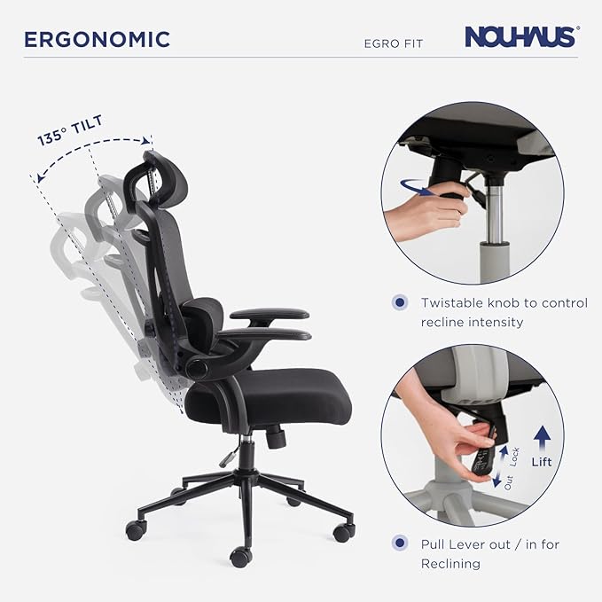 Nouhaus Ergonomic Mesh Office Chair Adjustable Lumbar Support and Flip-up Armrests High Back Headrest, Tilt Function Comfy Computer Gaming Chair Swivel Desk Chairs (Ergo Fit,Dark Black)