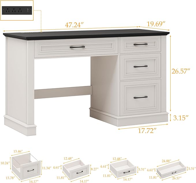 Farmhouse 47" Executive Desk, Computer Desk with Drawers and File Drawer, Workstation Computer Desk with Charging Station for Home Office, Study,Black.