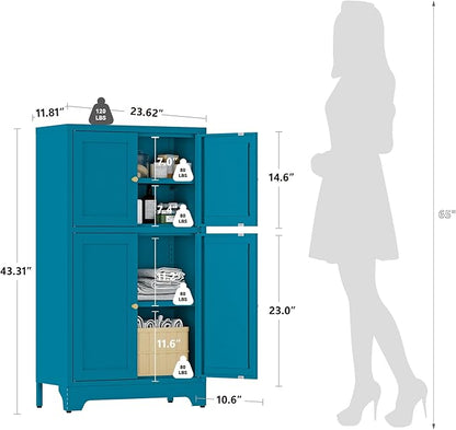 Blue Bathroom Floor Cabinet, Metal Storage Cabinet with 2 Adjustable Shelves & 4 Doors,Freestanding Sideboard for Dining Room,Living Room, Home Office