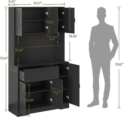 71" Kitchen Pantry Cabinet with Hutch - Freestanding Pantry Cabinet with Drawer, Adjustable Shelves, LED Light & Power Outlets for Kitchen, Dining Room, Living Room (Black)