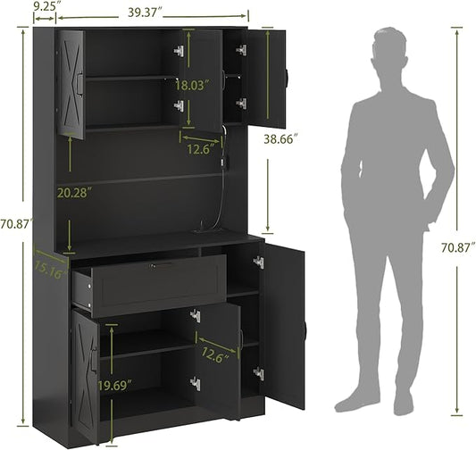 71" Kitchen Pantry Cabinet with Hutch - Freestanding Pantry Cabinet with Drawer, Adjustable Shelves, LED Light & Power Outlets for Kitchen, Dining Room, Living Room (Black)