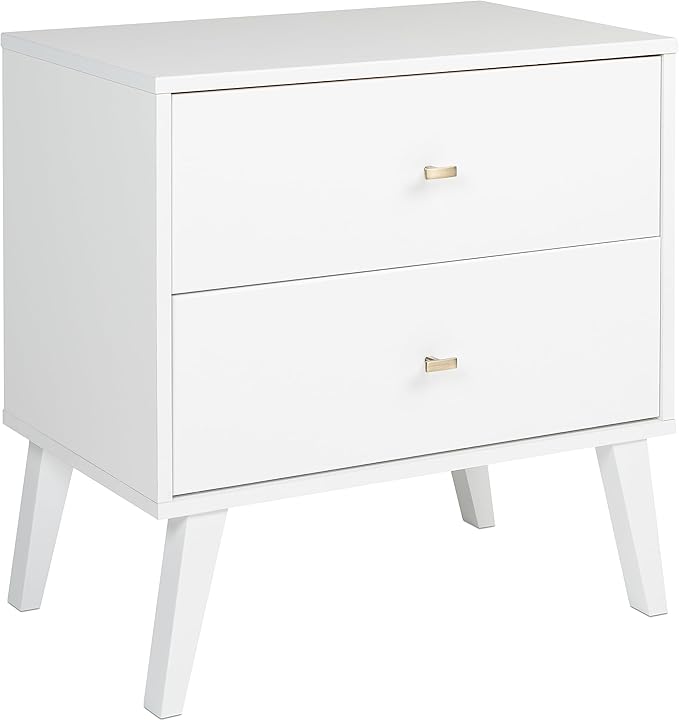 Prepac Milo Mid-Century Modern 2 Drawer Nightstand, Bedside Table, Contemporary Bedroom Furniture, 16"D x 25"W x 25"H, White