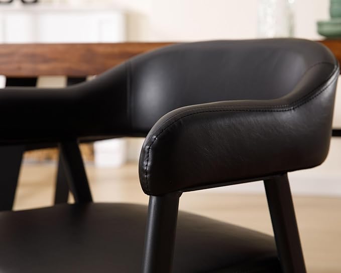 HNY Modern Dining Room Arm Chairs Set of 2, Retro Faux Leather Upholstered Barrel Dining Chairs with Arms Mid-Century Black Accent Chair with Metal Legs, Open-Back Kitchen Side Chair for Living Room