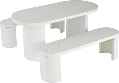 Christopher Knight Home Vicla 3 Pieces Durable Concrete Outdoor Dining Set with Stylish Terrazzo Finish, Patio Dining Table with 2 Benches, Oval Outdoor Patio Furniture Set with Pedestal Base, White