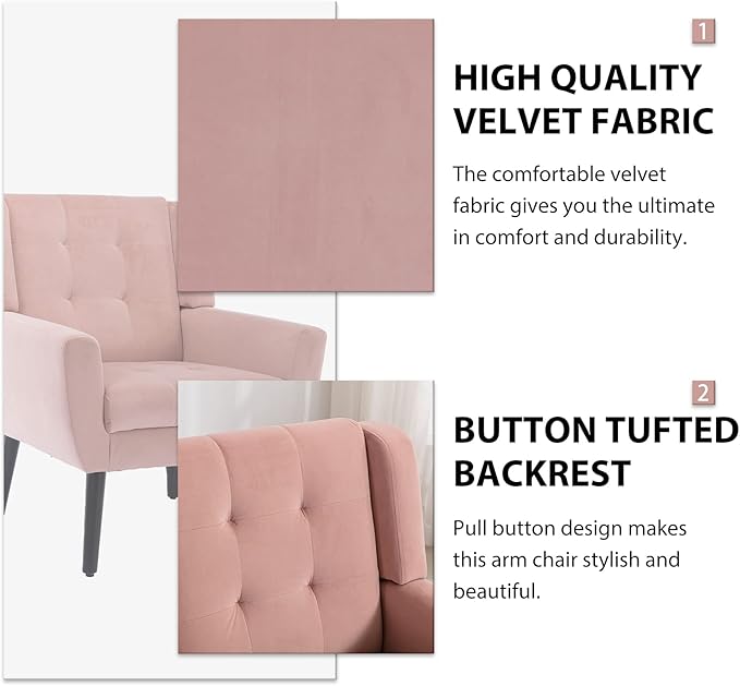 Dolonm Midcentury Modern Velvet Accent Chair with Arms, Upholstered Reading Side Chair Tufted Back Decorative Wingback Chair for Living Room Bedroom (Pink)