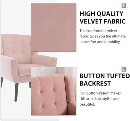 Dolonm Midcentury Modern Velvet Accent Chair with Arms, Upholstered Reading Side Chair Tufted Back Decorative Wingback Chair for Living Room Bedroom (Pink)
