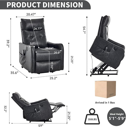 PELUMY Manual Lift Recliner Chair with Massage and Heat for Elderly, Single Motor Electric Lift Chair, Heavy Duty Recliner with USB Charging & Side Pockets (Breathable Leather, Grey)