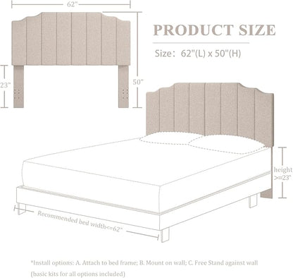 Queen Size Headboard Only, Linen Wall Mounted Headboard Queen/Full Size for Adjustable Bed, Modern Vertical Channel Design with Curved Tufted Upholstered Head Board, Beige