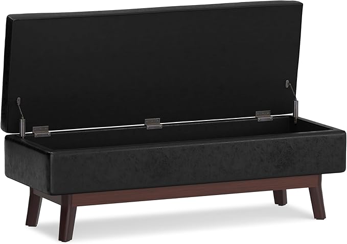 SIMPLIHOME Owen 48 inch Wide Mid Century Modern Rectangle Rectangular Storage Ottoman in Distressed Black Vegan Faux Leather, Assembled, for the Living Room, Entryway and Family Room