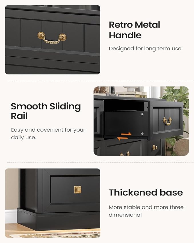 AOGLLATI Farmhouse 9 Drawers Dresser for Bedroom, 63" Wide Wood Rustic Chest of Drawers with Natural Texture, Vintage Design, Long Wide Storage Dresser for Bedroom, Black