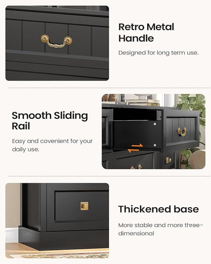 AOGLLATI Farmhouse 9 Drawers Dresser for Bedroom, 63" Wide Wood Rustic Chest of Drawers with Natural Texture, Vintage Design, Long Wide Storage Dresser for Bedroom, Black