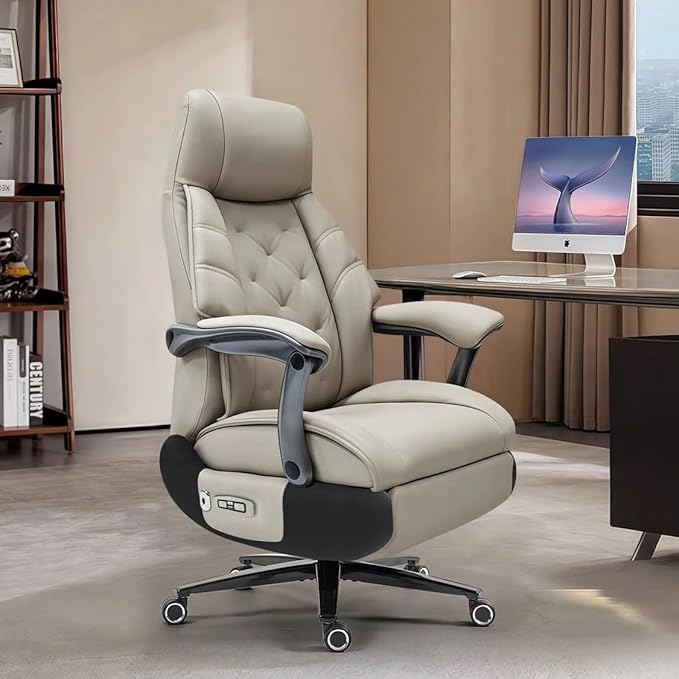 Kinnls Magnus Massage Office Chair with Ventilation and Heating,Leather Power Recliner Chair with Footrest,Big and Tall Ergonomic Comfy Home Office Desk Chairs High Back 500lbs (Light Gray)