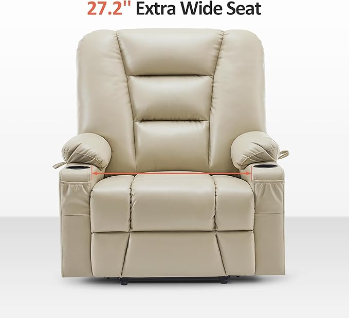 MCombo Oversized Power Lift Recliner Chair with Massage and Heat for Big and Tall Elderly People, Cup Holders, USB Ports, Side Pockets, Faux Leather R7541 (Beige, Large-Oversize)