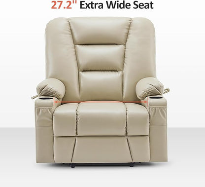 MCombo Oversized Power Lift Recliner Chair with Massage and Heat for Big and Tall Elderly People, Cup Holders, USB Ports, Side Pockets, Faux Leather R7541 (Beige, Large-Oversize)