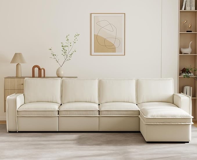 EALSON 119" Modular Sectional Sofa Comfy Cloud Couch with Ottoman Modern Convertible L Shape Couches with Wooden Legs Linen Deep Seat Couch 4-Seater Sofa with Ottoman for Living Room/Apartment,White