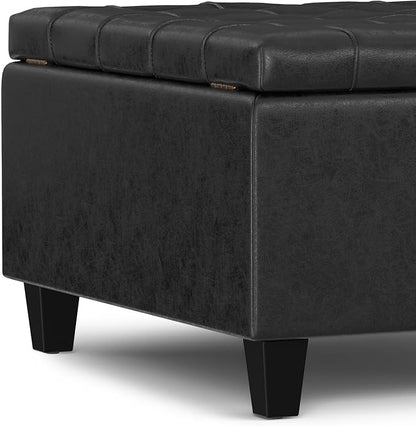 SIMPLIHOME Harrison 30 inch Wide Transitional Square Small Coffee Table Storage Ottoman in Distressed Black Vegan Faux Leather, Assembled, for The Living Room and Bedroom