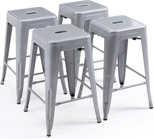 Vogue Furniture Direct 24" High Bar Stools Backless Silver Metal Barstools Indoor-Outdoor Counter Height Stools with Square Seat, Set of 4