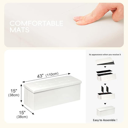 PINPLUS Folding Storage Ottoman Bench with Tray, 43.3inches Faux Leather Long Storage Chest Footrest Seat, Coffee Table, Foot of Bed Storage Bench for Living Room Bedroom, Beige