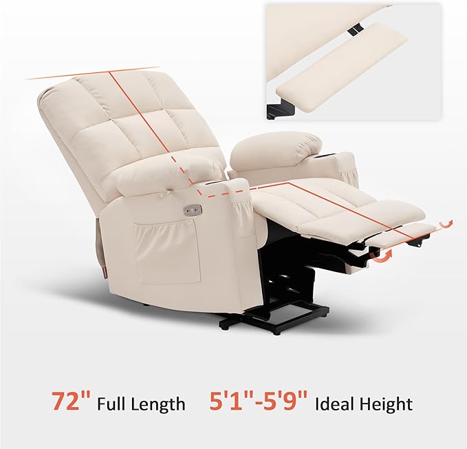 MCombo Medium Lay Flat Dual Motor Power Lift Recliner Chair Sofa with Massage and Heat for Elderly People, Infinite Position, Faux Leather 7679 (Cream White, Medium)
