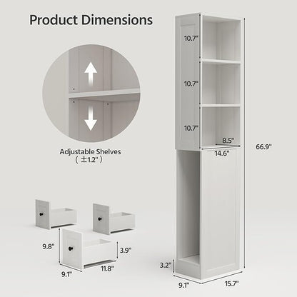 LAUSAINT HOME Tall Bathroom Storage Cabinet, Anti-Tipping Narrow Floor Cabinet with 2 Adjustable Shelves & 3-Level Drawers for Small Space, Home, Bathroom, Kitchen, Laundry (White)