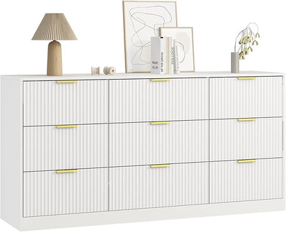 3-Piece Modern Bedroom Furniture Set, Wide 9-Drawer Dresser & 2-Drawer Nightstands Set of 2, Natural Wood Dresser and Nightstand Sets for Bedroom, Hallway, White