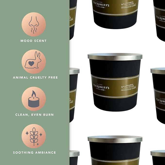Pecksniffs Black Tall Bamboo and Vetiver Scented Candle | 3 Wicks, 283g/9.9oz
