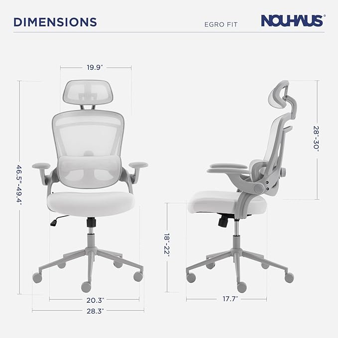 Nouhaus Ergo Fit Ergonomic Mesh Office Chair High Back Adjustable Lumbar Support Headrest and Adjustable Flip-up Armrests, Comfy Desk Chairs Swivel Computer Gaming Chair Tilt Function(N20, White)