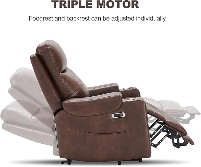Triple Motor Power Lift Recliner Chair with Adjustable Lumbar Support, Lay Flat Recliner for Elderly, Breathable Brown Leather Recliner, Lift Chair Massage & Heating, USB Ports, Cup Holders