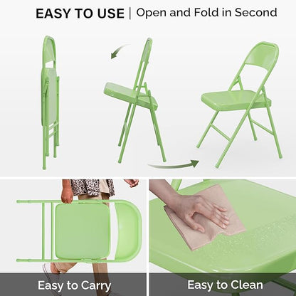 VINGLI Folding Chairs All Steel Metal Frame, Capacity 350 lbs, Durable Portable and Versatile for Indoor Outdoor Use, Green, Set of 8