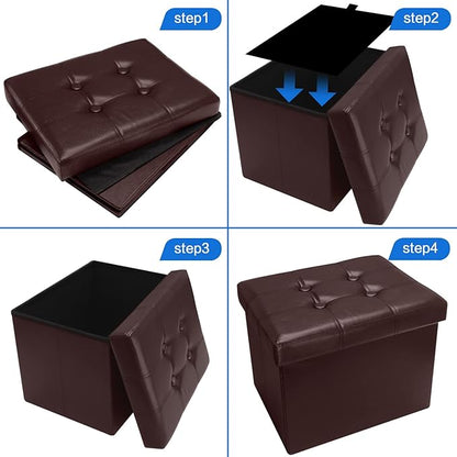 2PC Storage Ottoman, Folding Foot Stool with Thicker Foam Padded Seat Small Leather Storage Ottoman Bench Foot Rest for Living Room Foldable Coffee Table 17x13x13in,Brown
