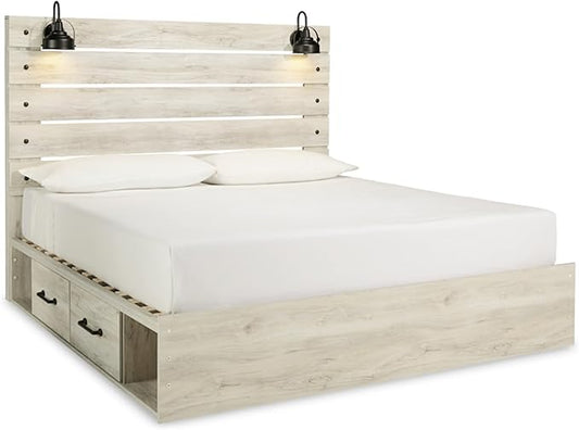 Signature Design by Ashley Cambeck Farmhouse King Panel Platform Bed with 4 Storage Drawers, Cubbies, Sconce Lights and USB Ports, Foundation or Box Spring Not Needed, Whitewash